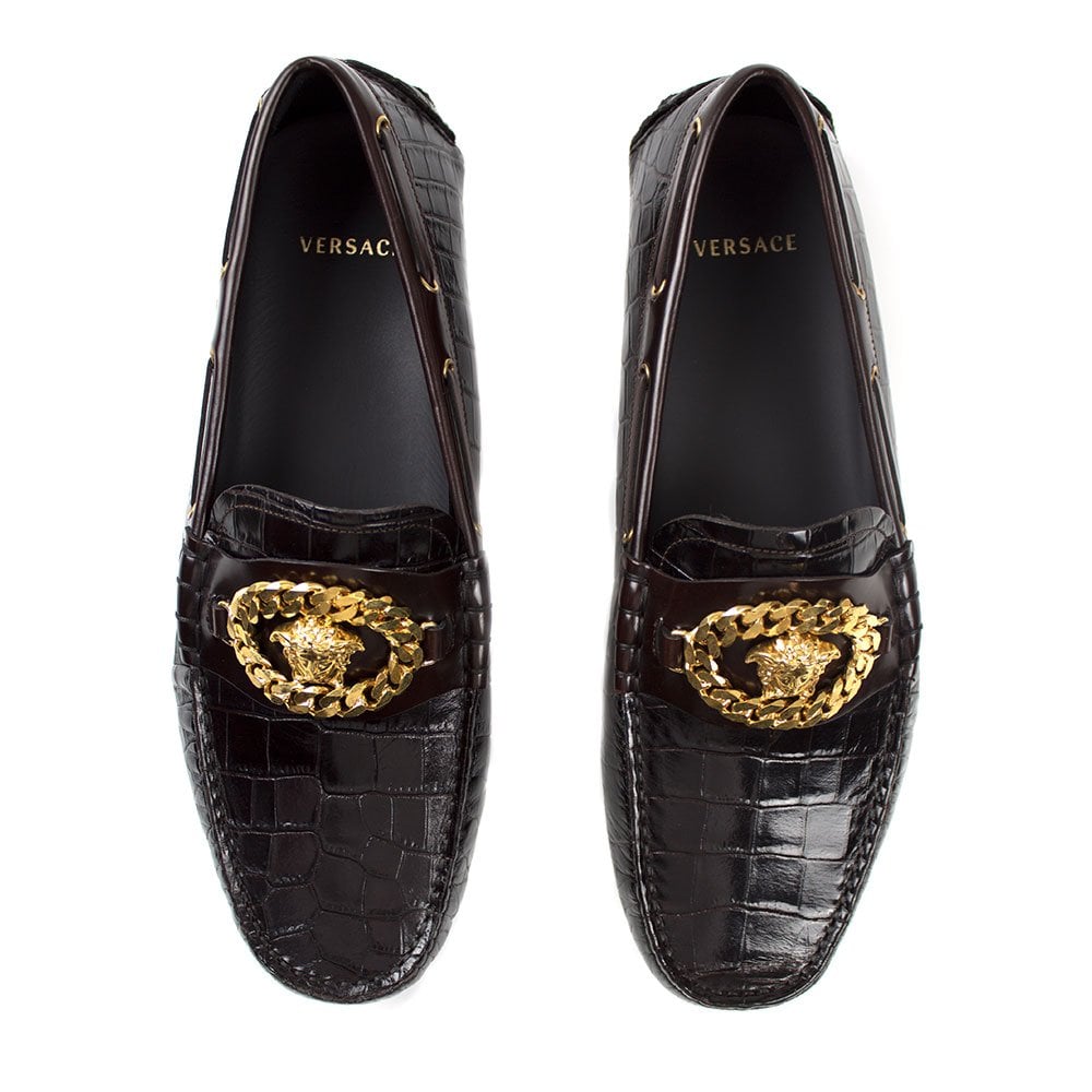 Versace Mock Croc Medusa Chain Loafers Brown