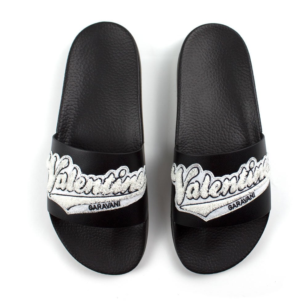 Valentino Applique Logo Leather Slides Black