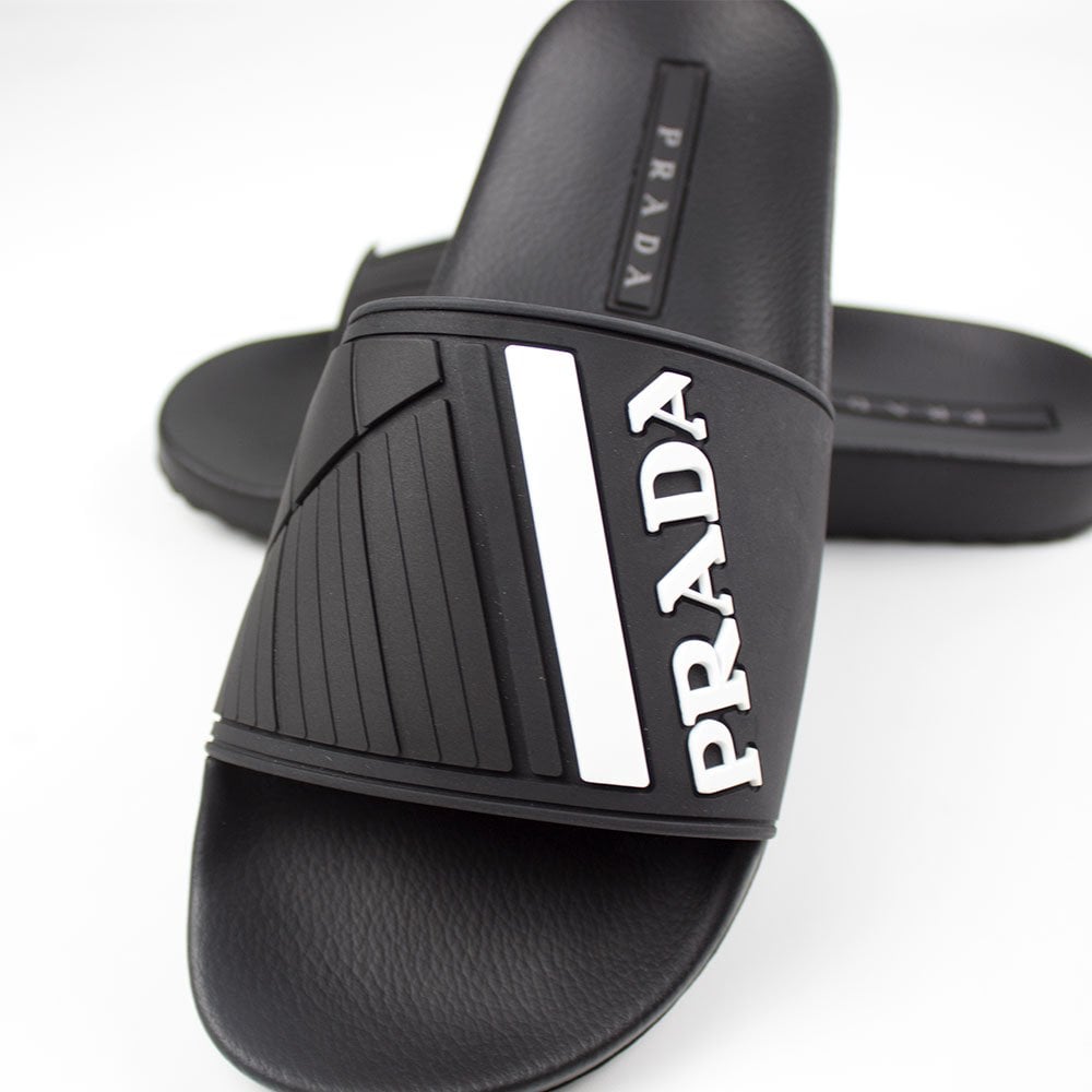 Prada Logo-Embossed Rubber Sliders Black/White/Grey