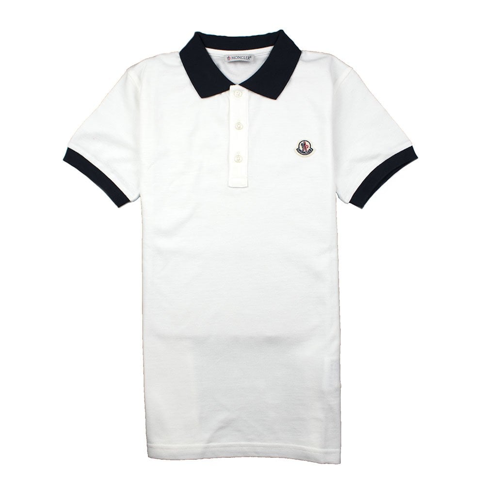 Moncler Junior Contrast Collar Short Sleeve Polo Shirt White/Navy