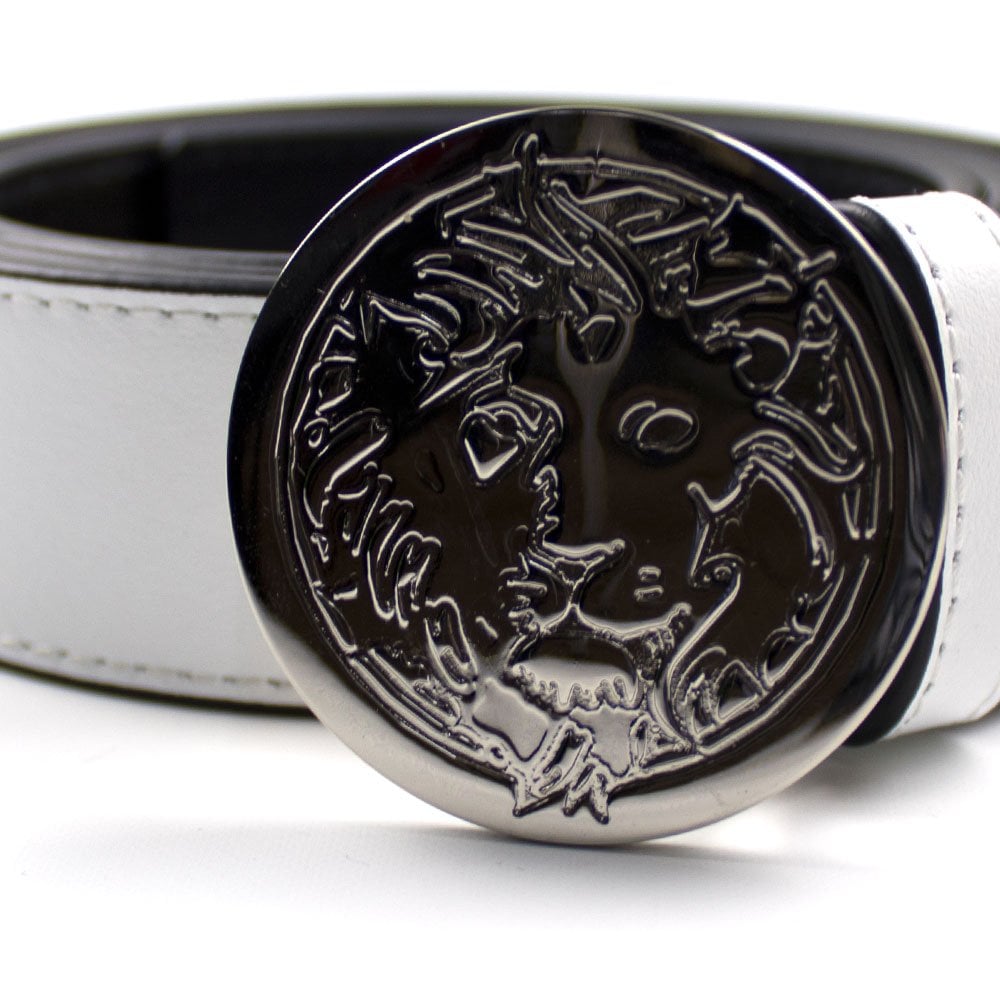 Versace Versus Engraved Round Lion Head Belt White