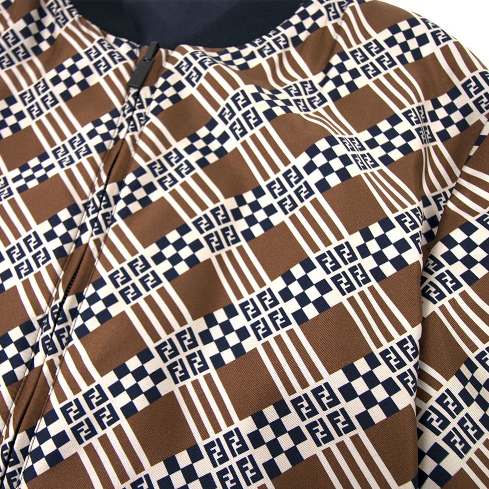 Fendi Reversible Geometric Print Silk Bomber Jacket Natural Damier Checks