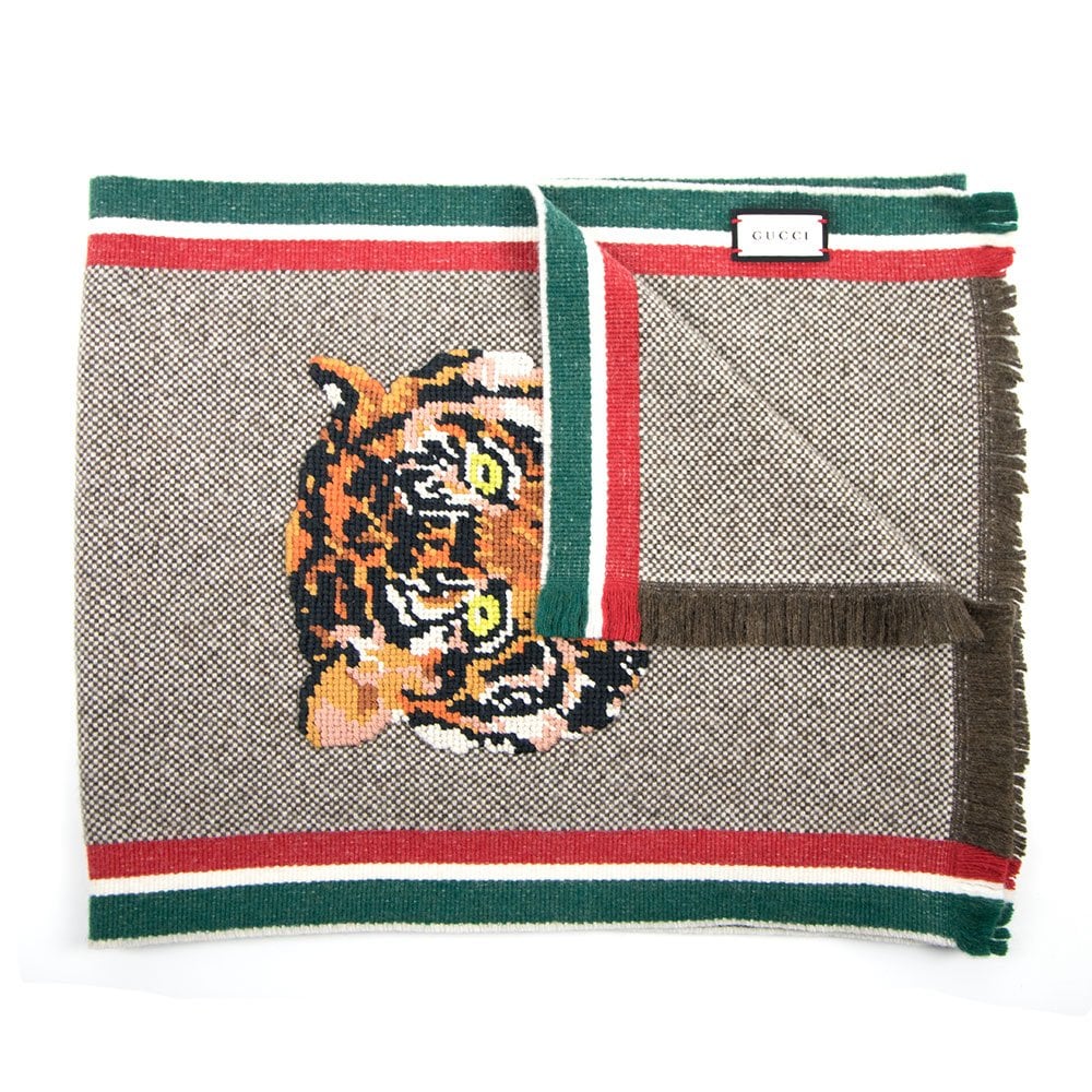 Gucci Tiger Embroidered Scarf Beige/Light Brown