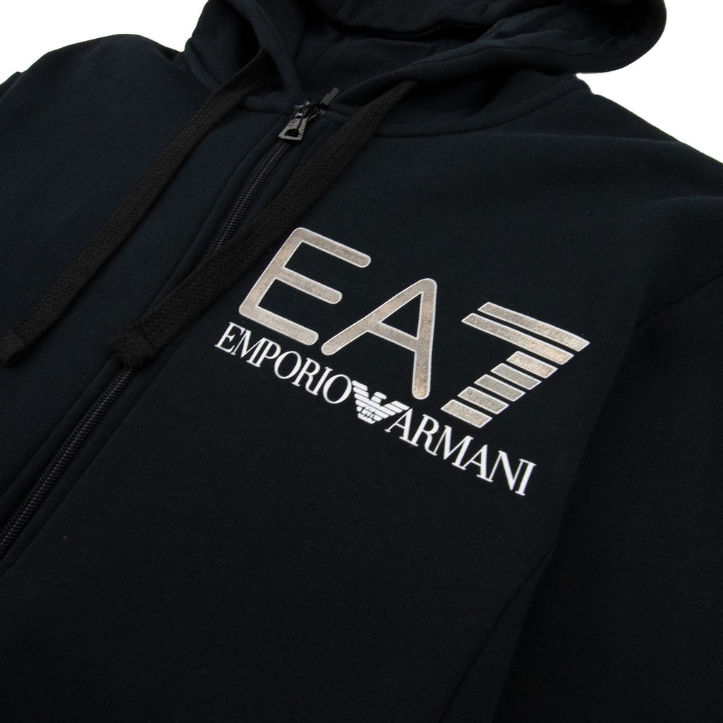 EA7 Large Silver Logo Hooded Tracksuit Black