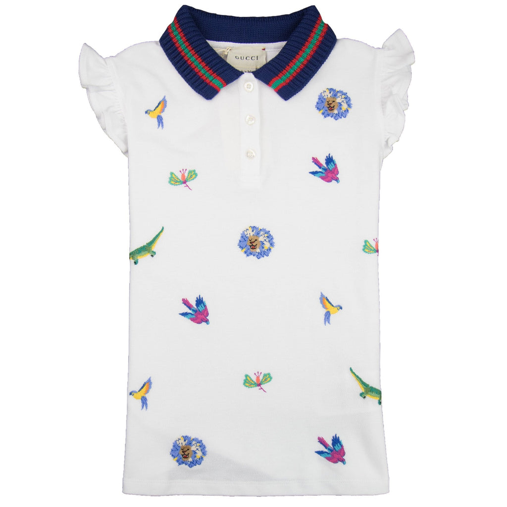 Gucci Junior Embroidered Frill Sleeve Polo Shirt White 9061