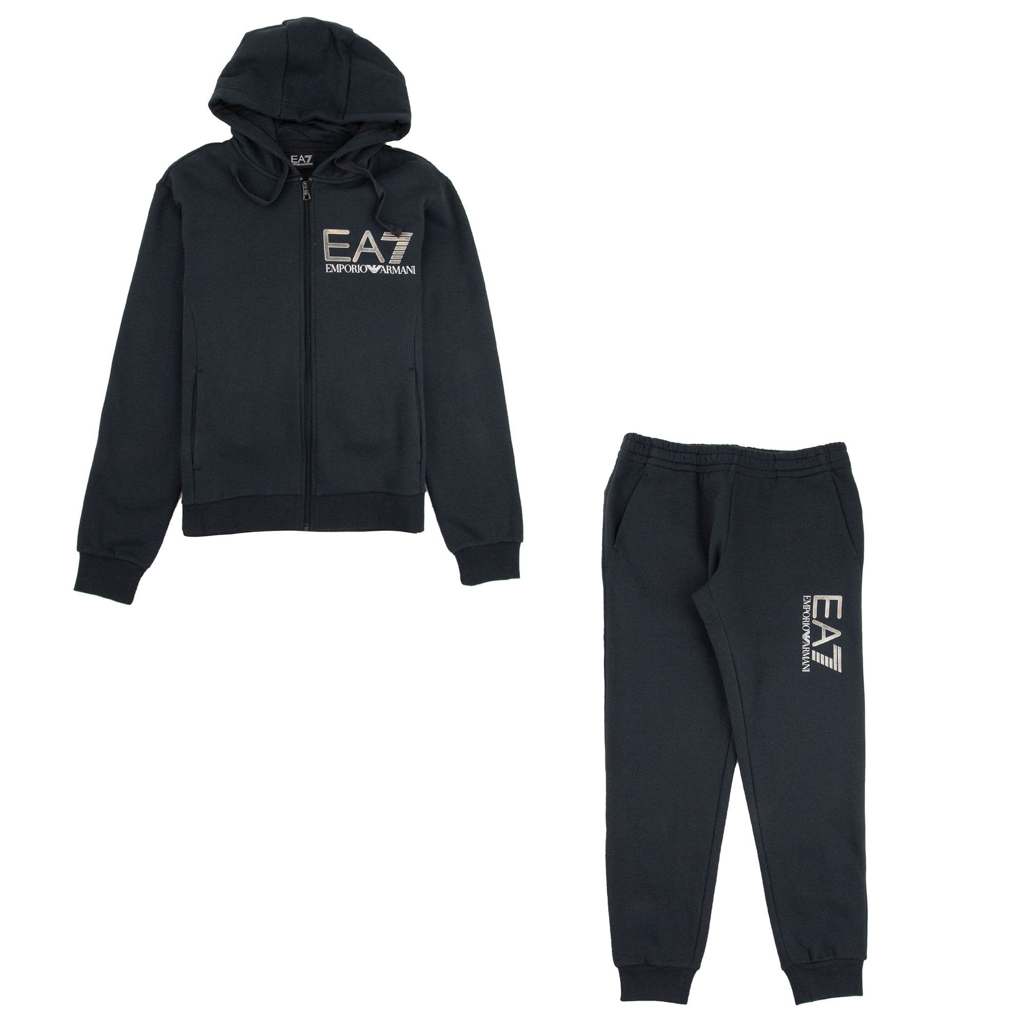EA7 Large Silver Logo Hooded Tracksuit Night Blue