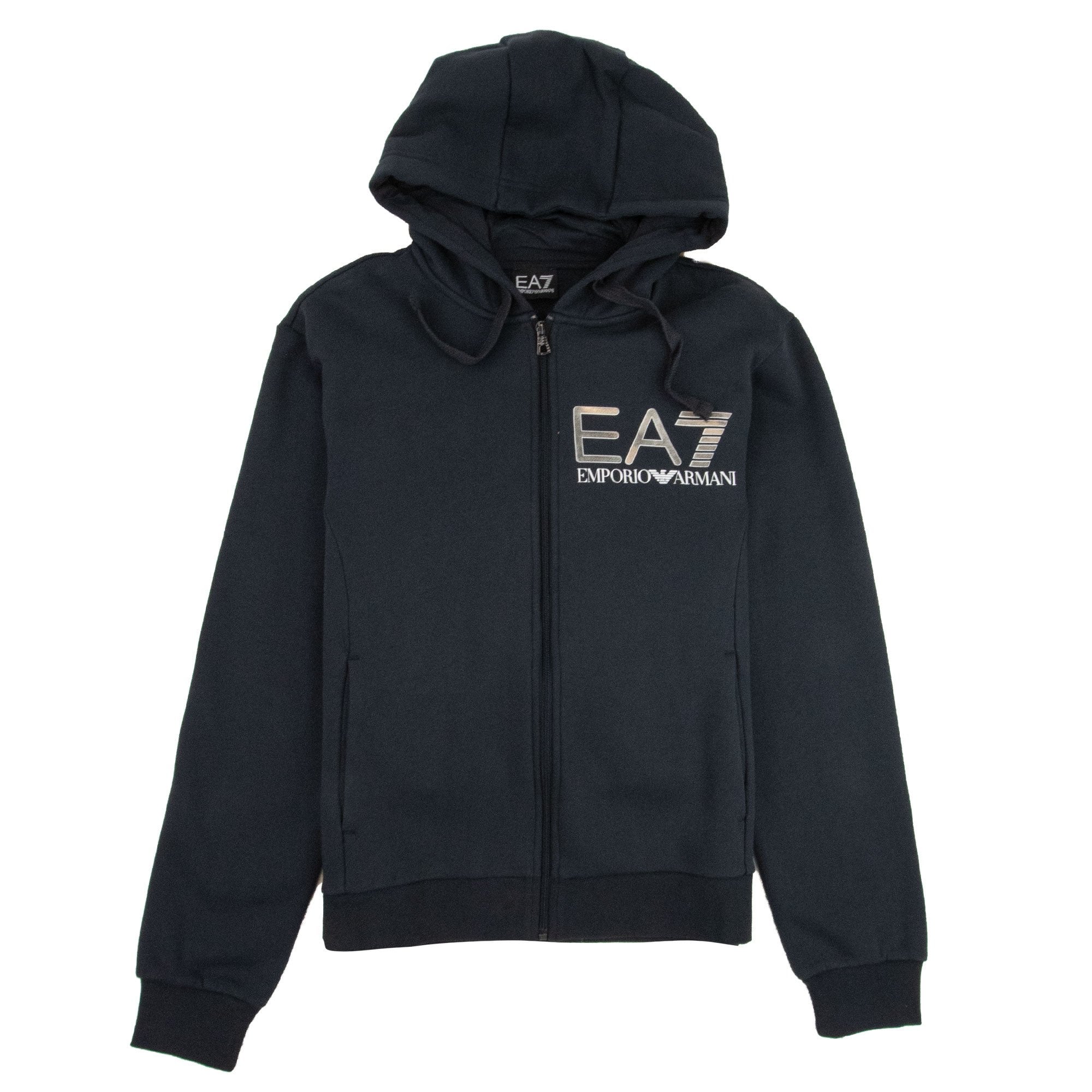 EA7 Large Silver Logo Hooded Tracksuit Night Blue