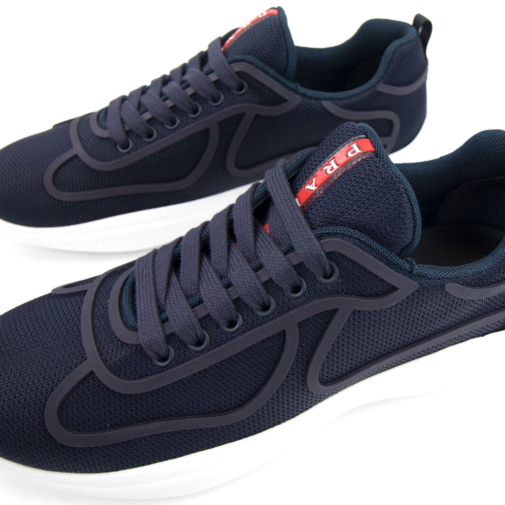 Prada Americas Cup Rubber-Trimmed Mesh Sneakers Blue/white