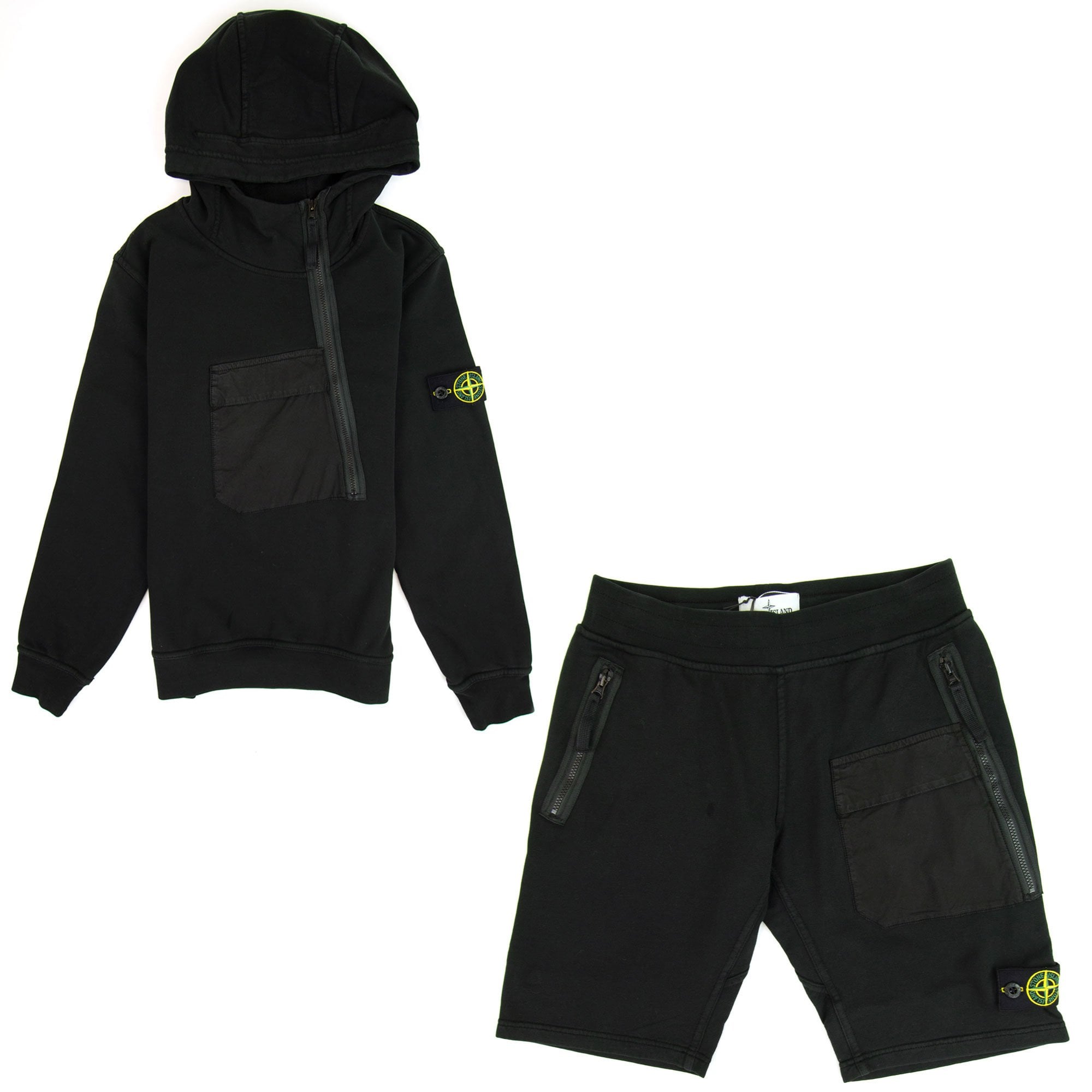 Stone Island Junior Logo Asymmetric Zips Shorts Black VOO29