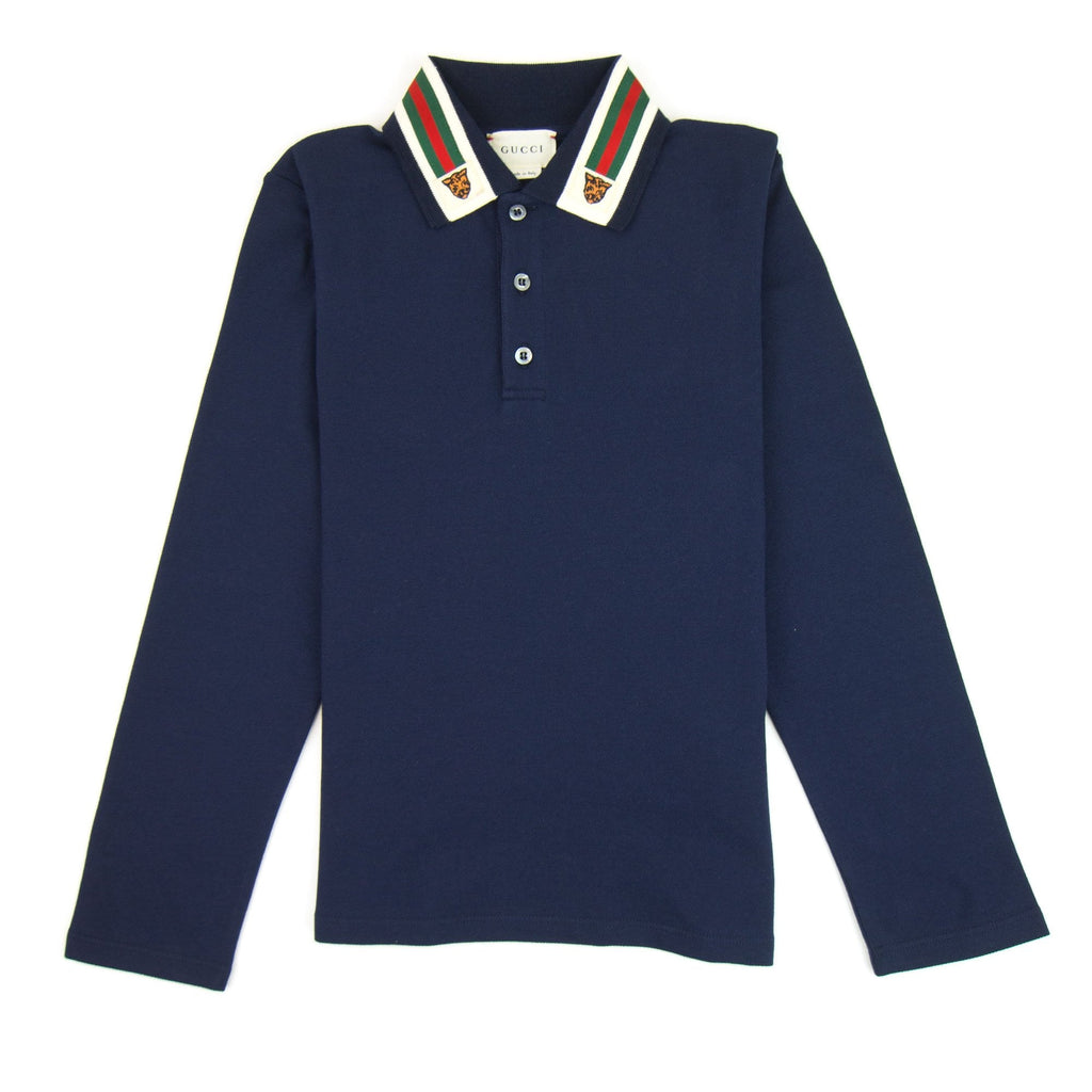 Gucci Junior Tiger Head Long Sleeve Polo Shirt Blue