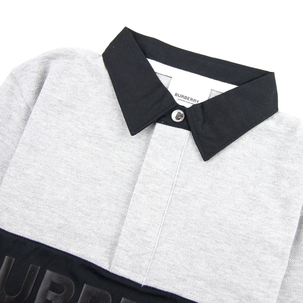 Burberry Children Logo Print Check Panel Long Sleeve Polo Shirt Grey Melange