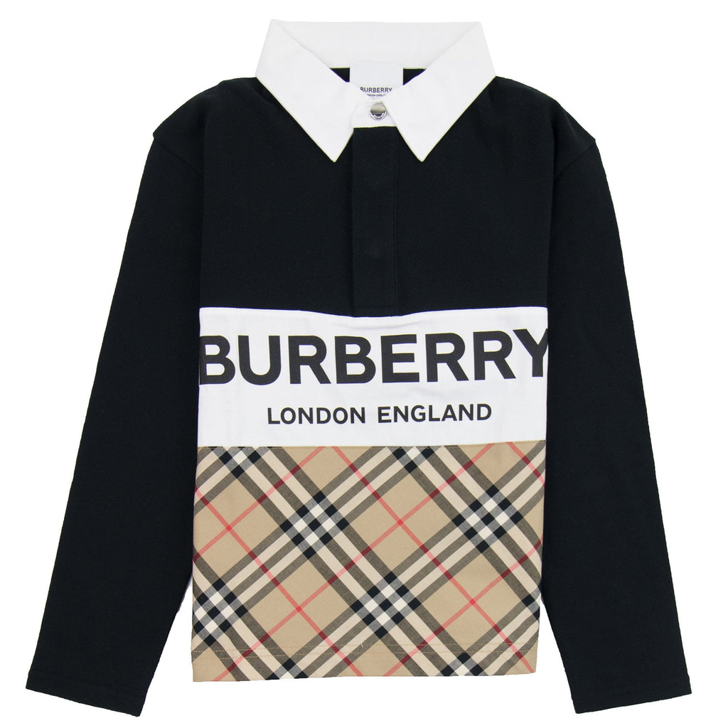 Burberry Children Logo Print Check Panel Long-sleeve Polo Shirt Black