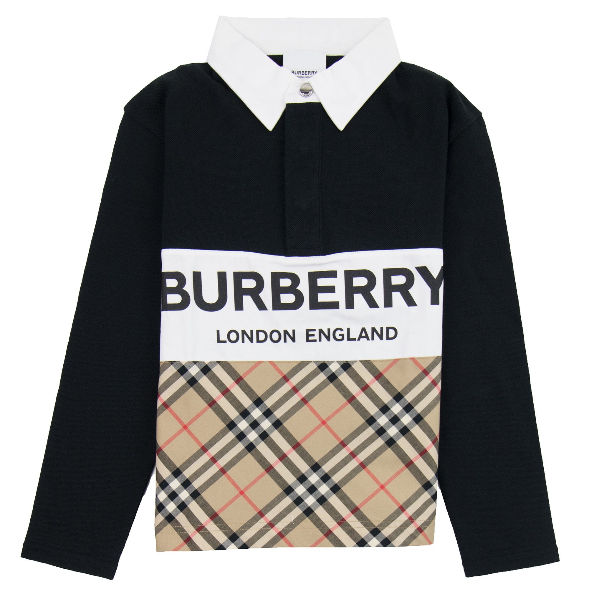 Burberry Children Logo Print Check Panel Long-sleeve Polo Shirt Black