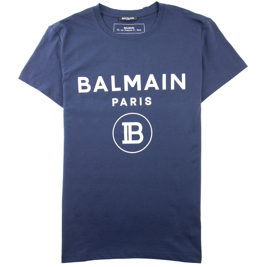 Balmain Printed White Velvet Logo T-Shirt Navy