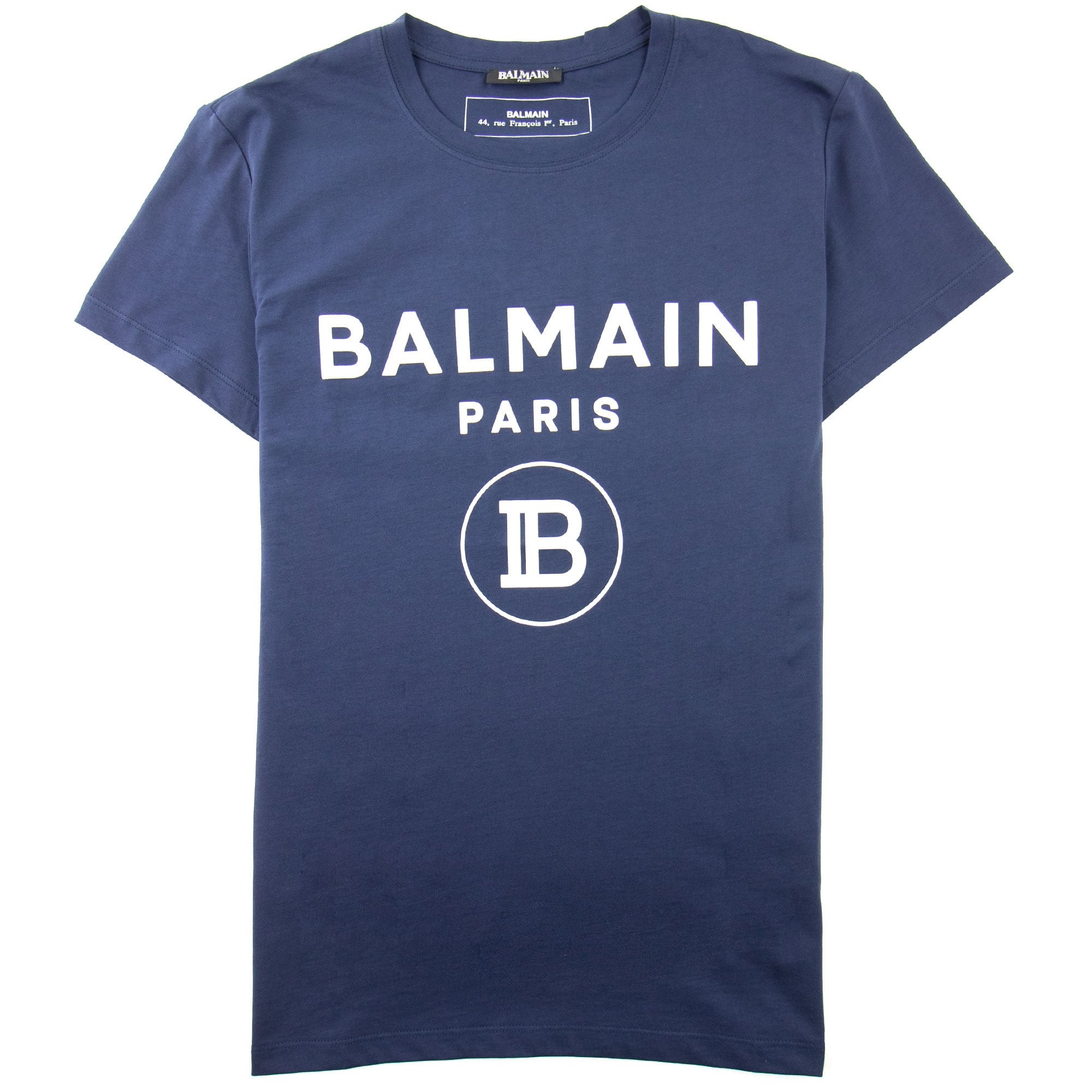 Balmain Printed White Velvet Logo T-Shirt Navy