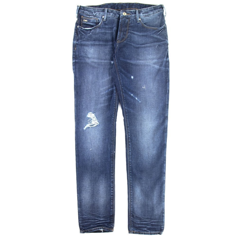 Emporio Armani Distressed Denim Jeans 'Short Leg' 0943 Denim Blue