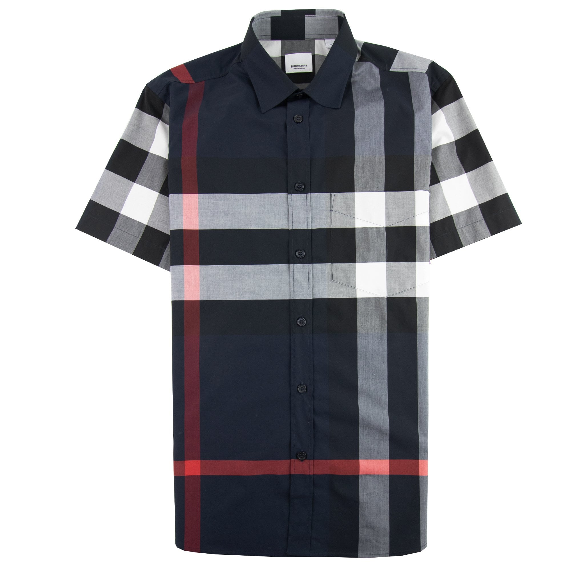 Burberry Short-sleeve Check Stretch Cotton Poplin Shirt Navy | ONU