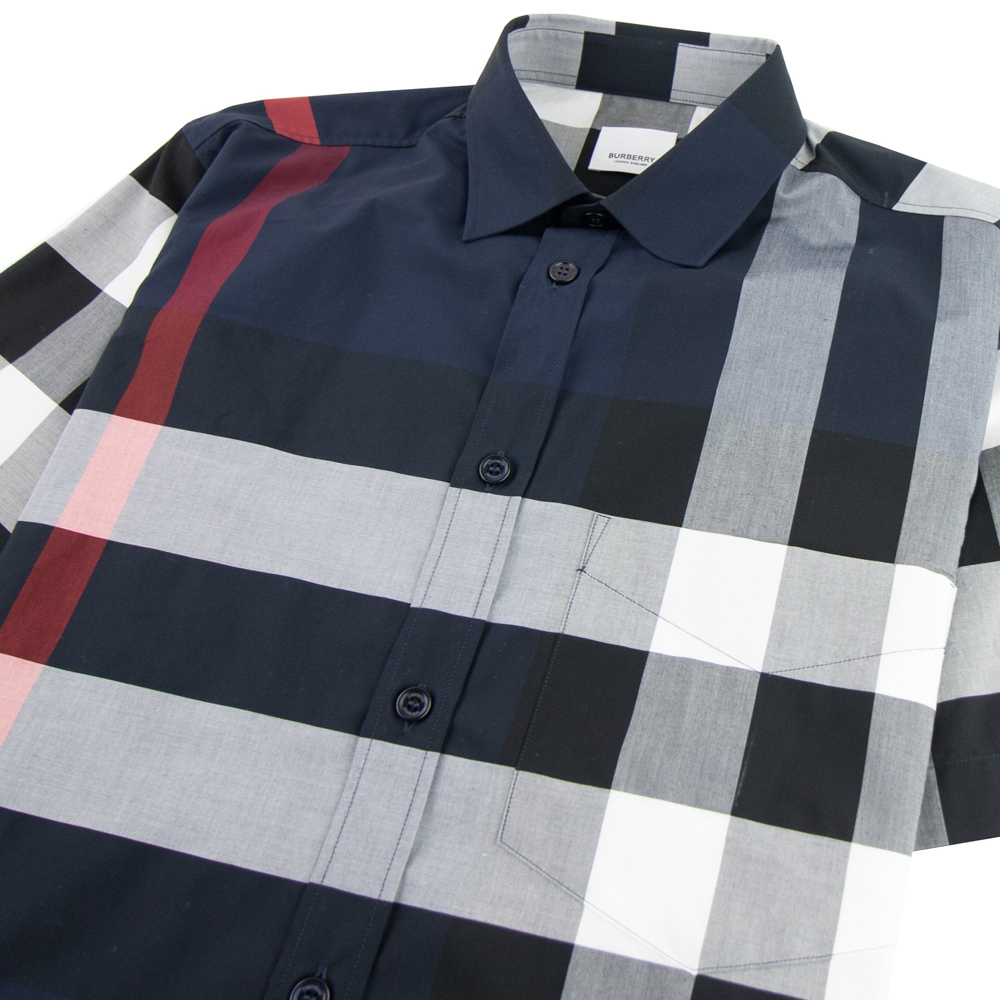 Burberry Short-sleeve Check Stretch Cotton Poplin Shirt Navy | ONU