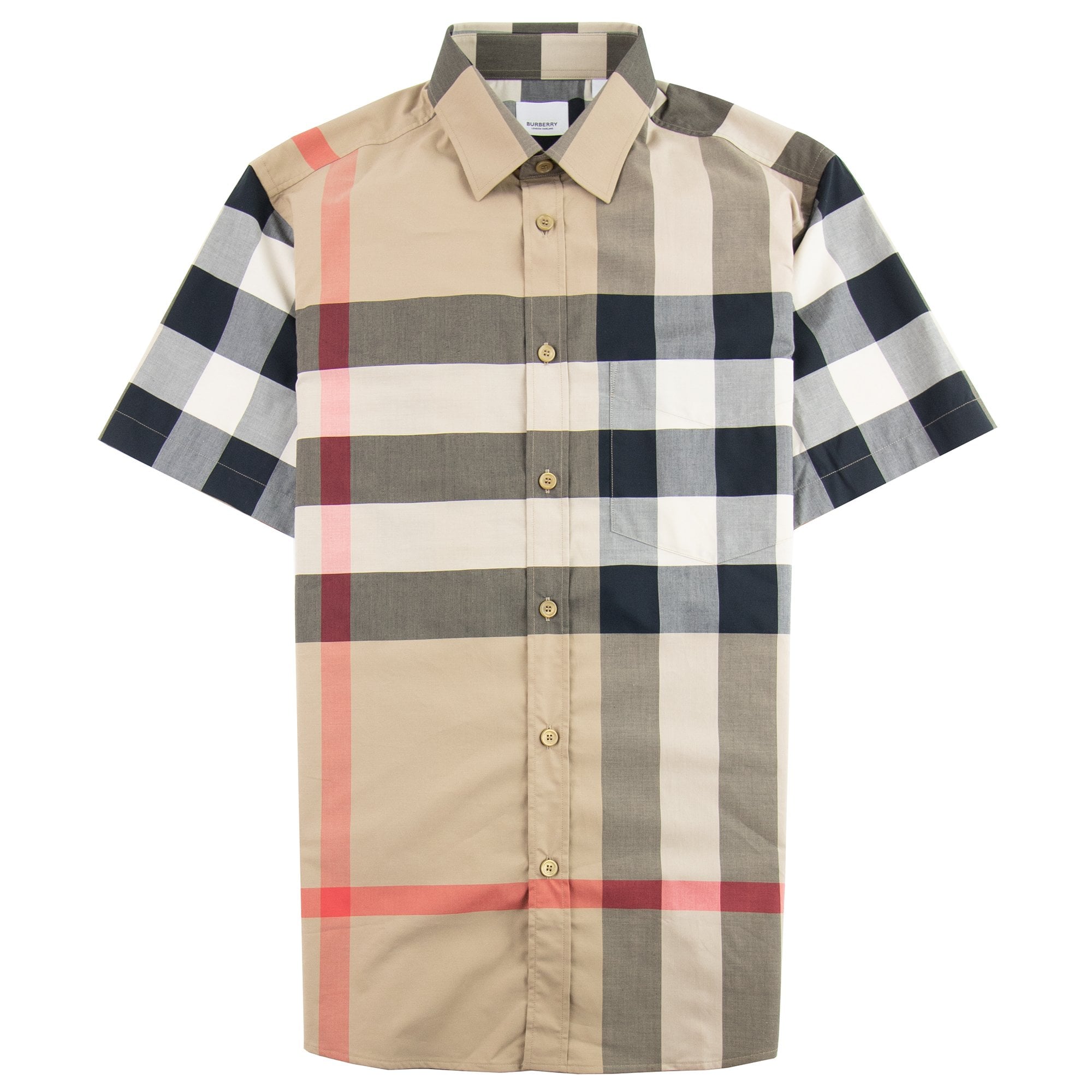 Burberry Short-sleeve Check Stretch Cotton Poplin Shirt Beige