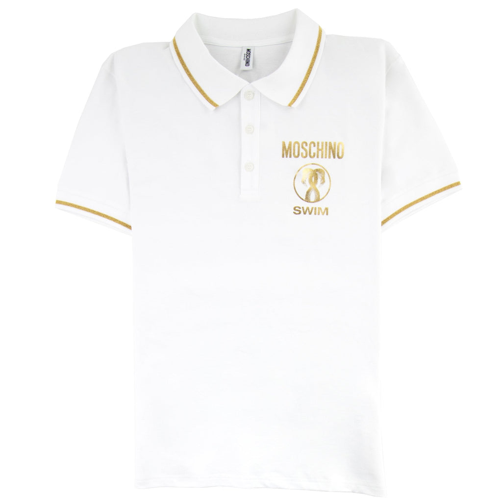 Moschino Swim Flamingo Print Short Sleeve Polo Shirt White 0001