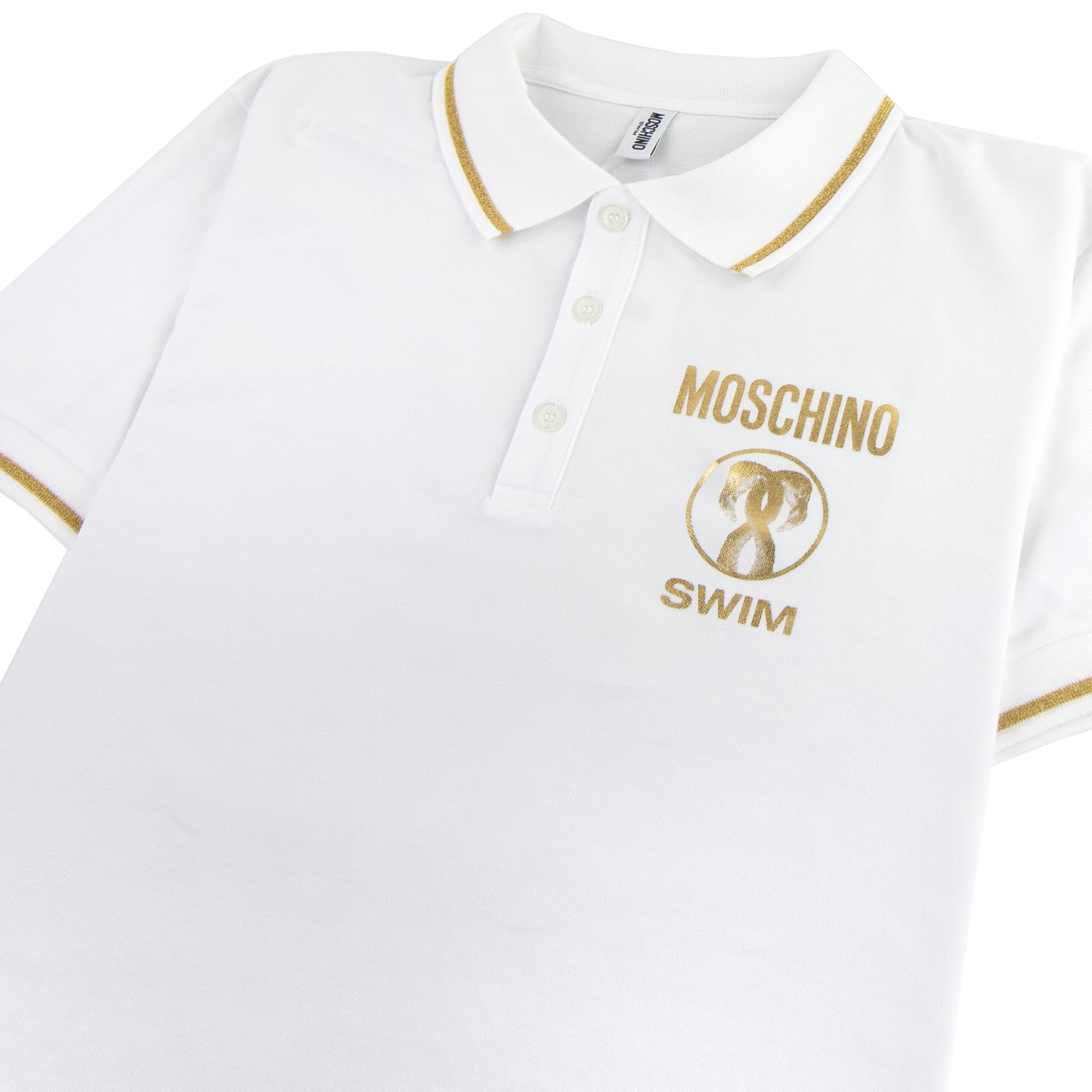 Moschino Swim Flamingo Print Short Sleeve Polo Shirt White 0001