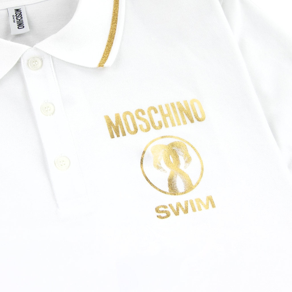 Moschino Swim Flamingo Print Short Sleeve Polo Shirt White 0001