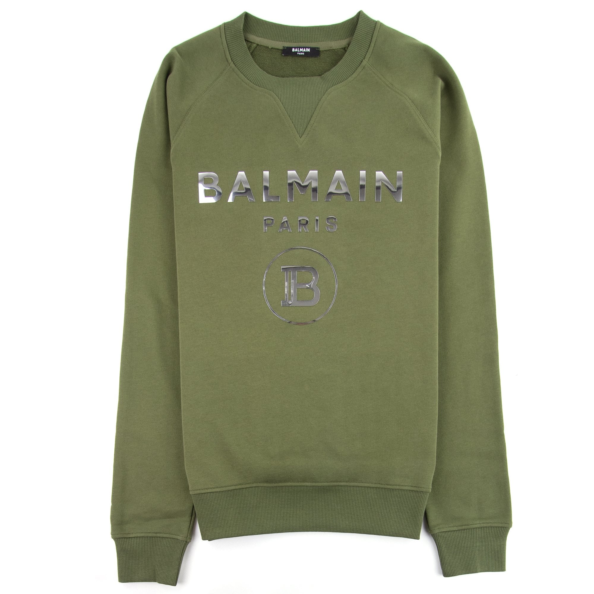 Balmain Silver Logo Cotton Sweatshirt Khaki
