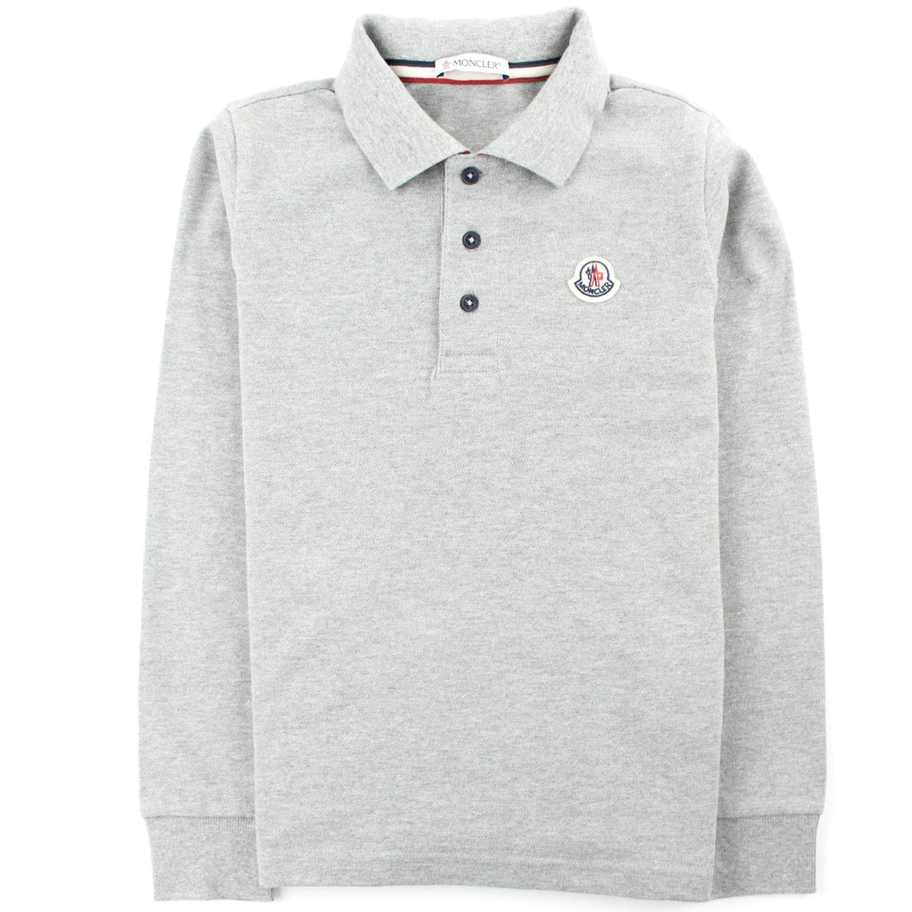 Moncler Junior Logo Collar Long Sleeve Polo Grey