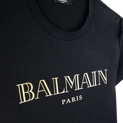 Balmain Logo Print Cotton T Shirt Black/gold