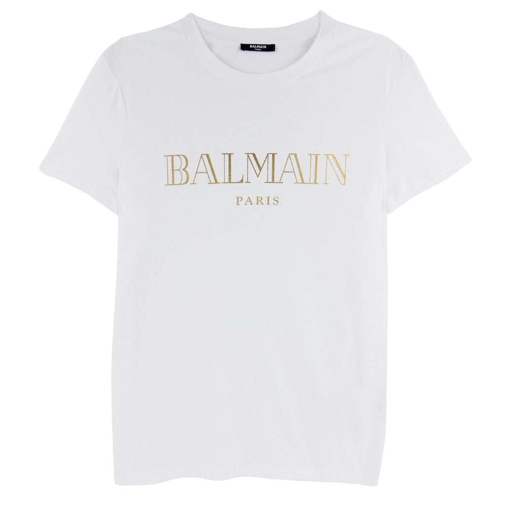 Balmain Logo Print Cotton T Shirt White/gold