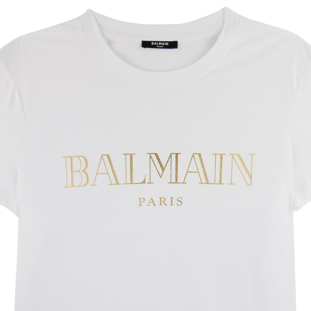 Balmain Logo Print Cotton T Shirt White/gold