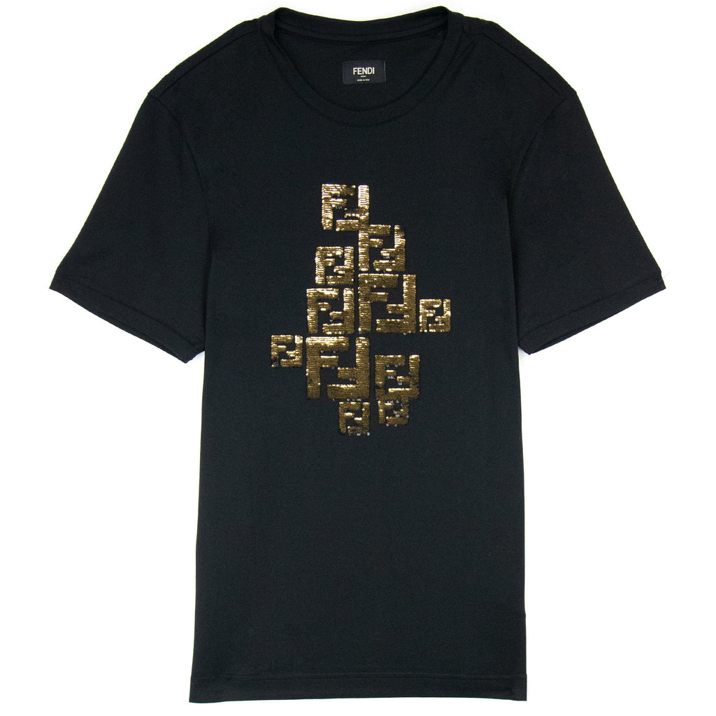 Fendi Golden Shiny FF Logo T Shirt Black