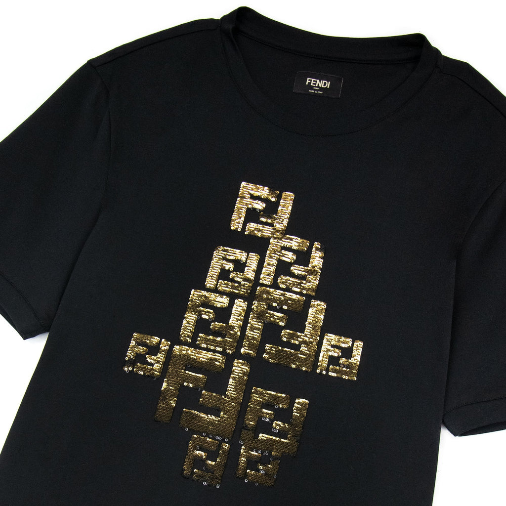 Fendi Golden Shiny FF Logo T Shirt Black