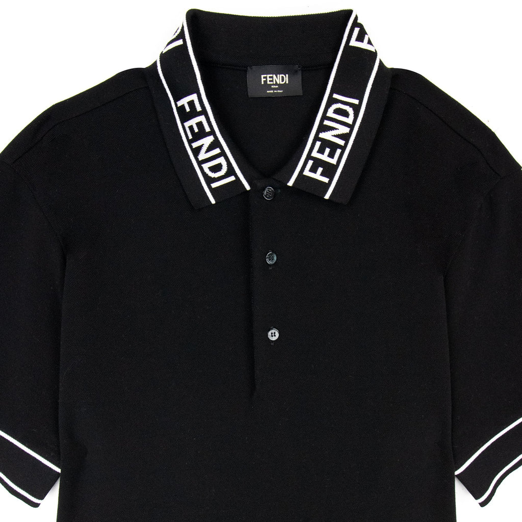 Fendi Collar Logo Print S/S Polo Shirt Black