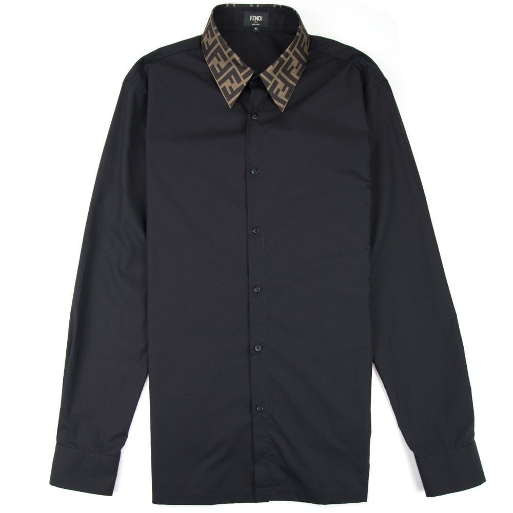 Fendi FF Logo Collar Long Sleeve Shirt Black