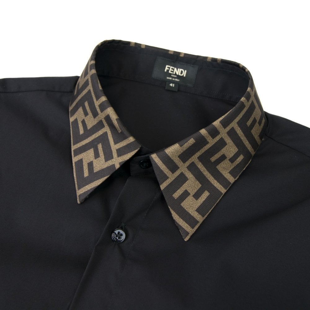 Fendi FF Logo Collar Long Sleeve Shirt Black