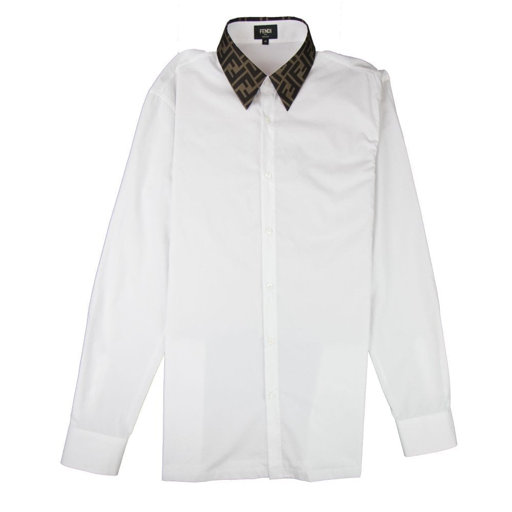 Fendi Ff Logo Collar Long Sleeve Shirt White