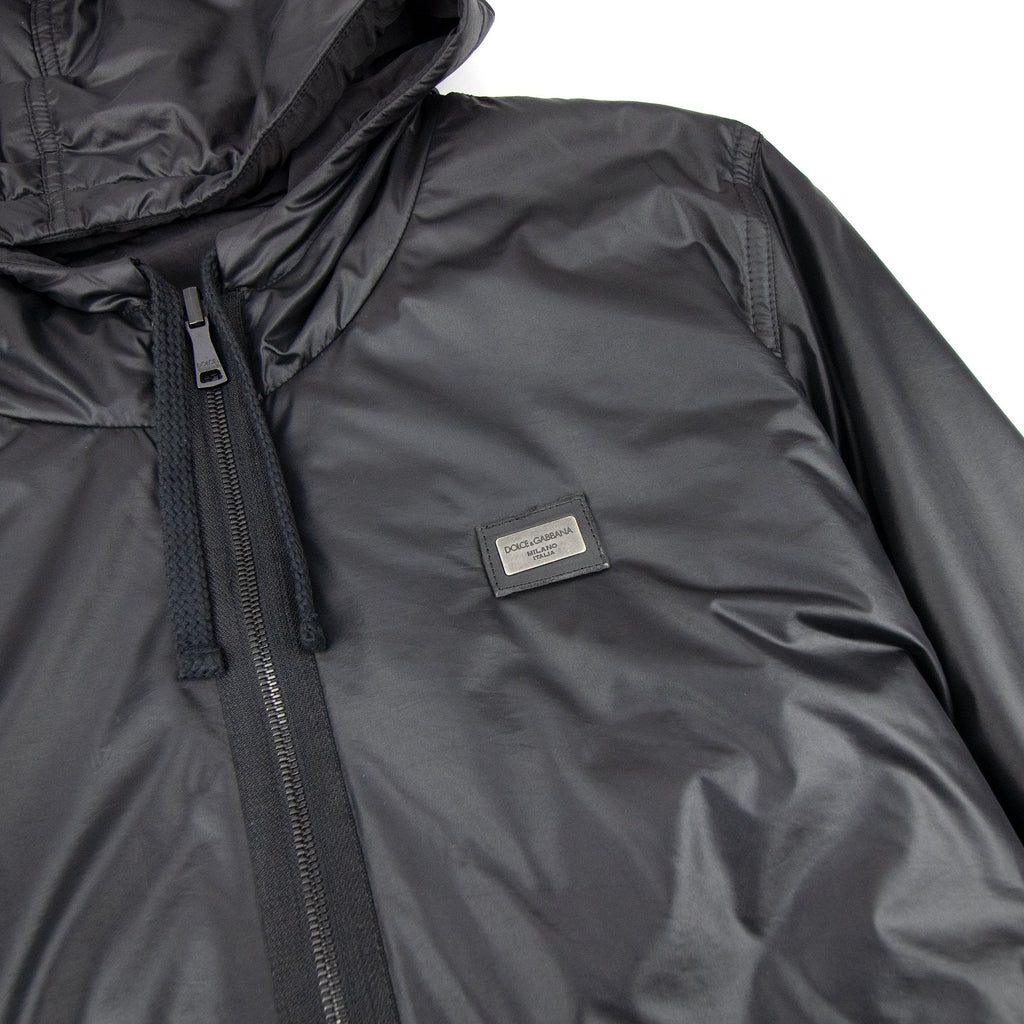 Dolce & Gabbana Metal Logo Padded Hooded Jacket Black