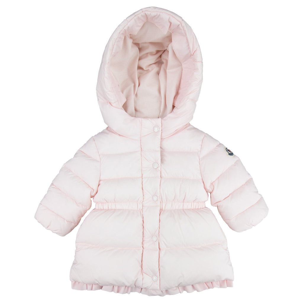 Moncler Junior Kithera Fur Hooded Longline Puffa Jacket Pink 503