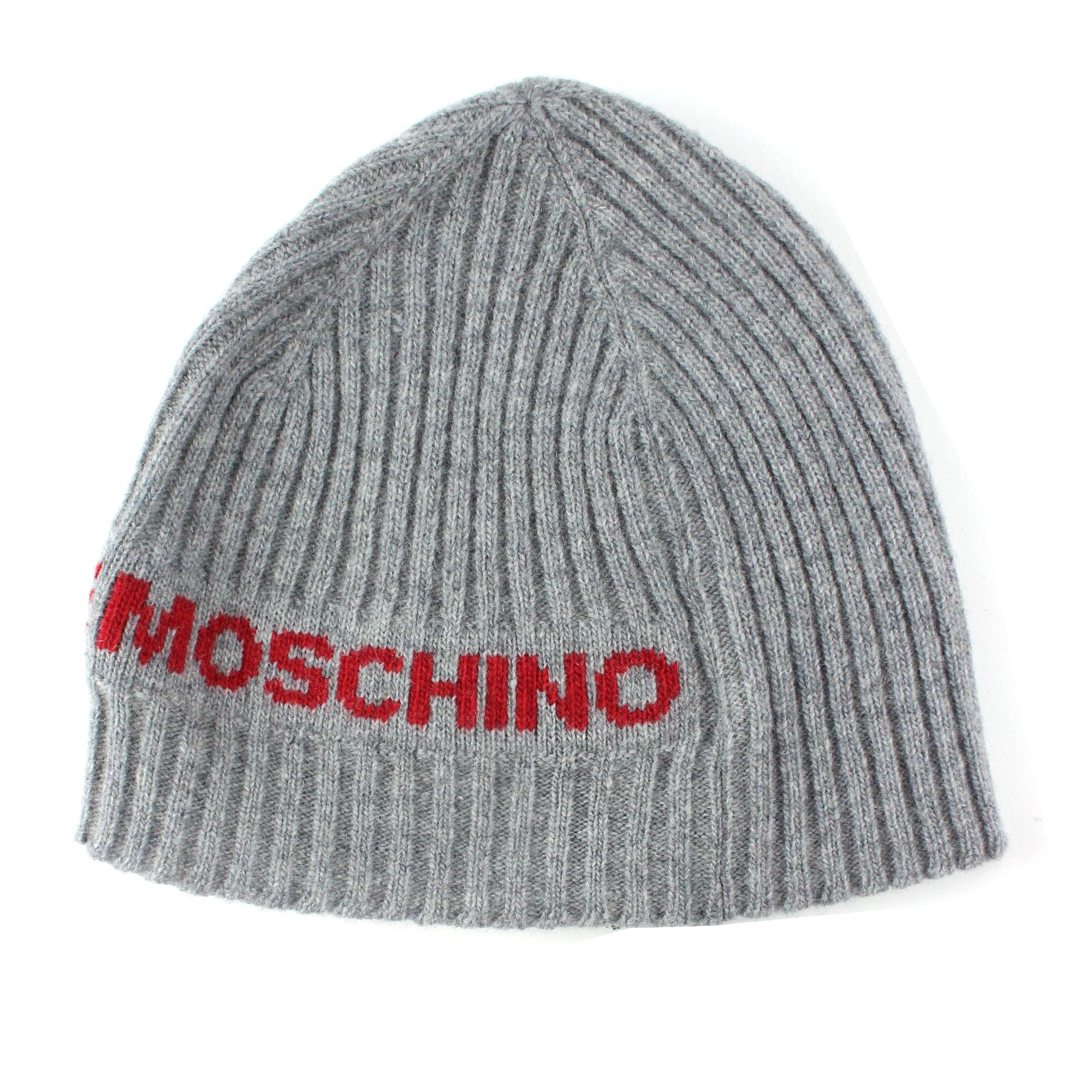 Love Moschino Logo Print Ribbed Knitted Beanie Grey
