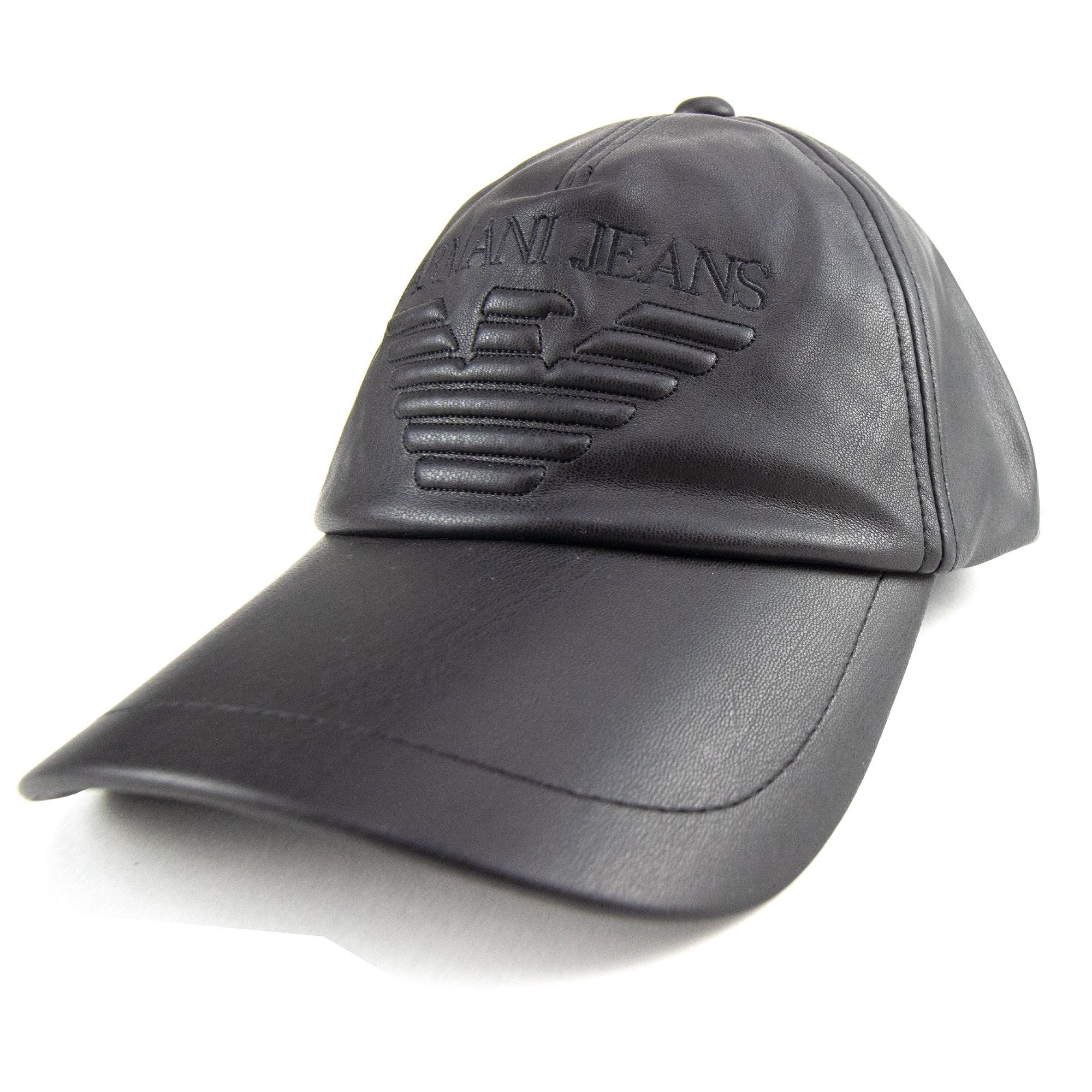 Armani Jeans Eagle Logo Leather Baseball Cap Black