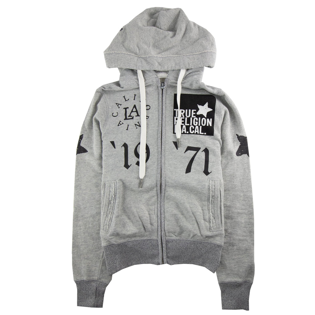 True Religion Multi Logo Zip Up Hoodied Sweatshirt Grey Marl