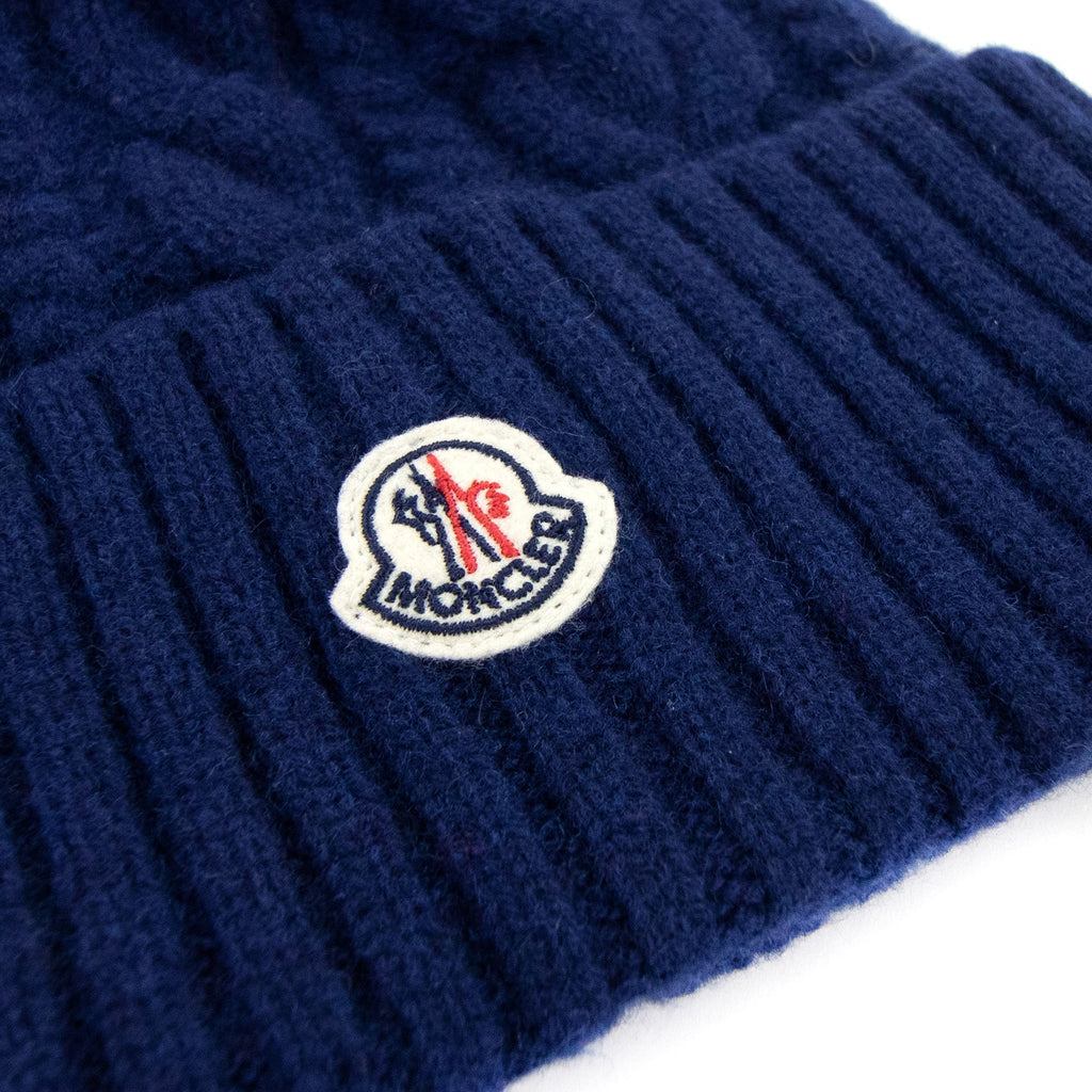 Moncler Cable Knit Pom Pom Beanie Blue