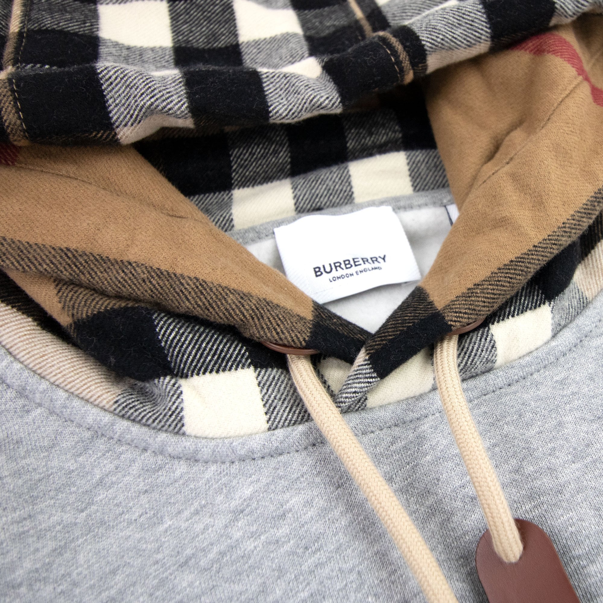 Burberry Check Hood Cotton Blend Hoodie Grey