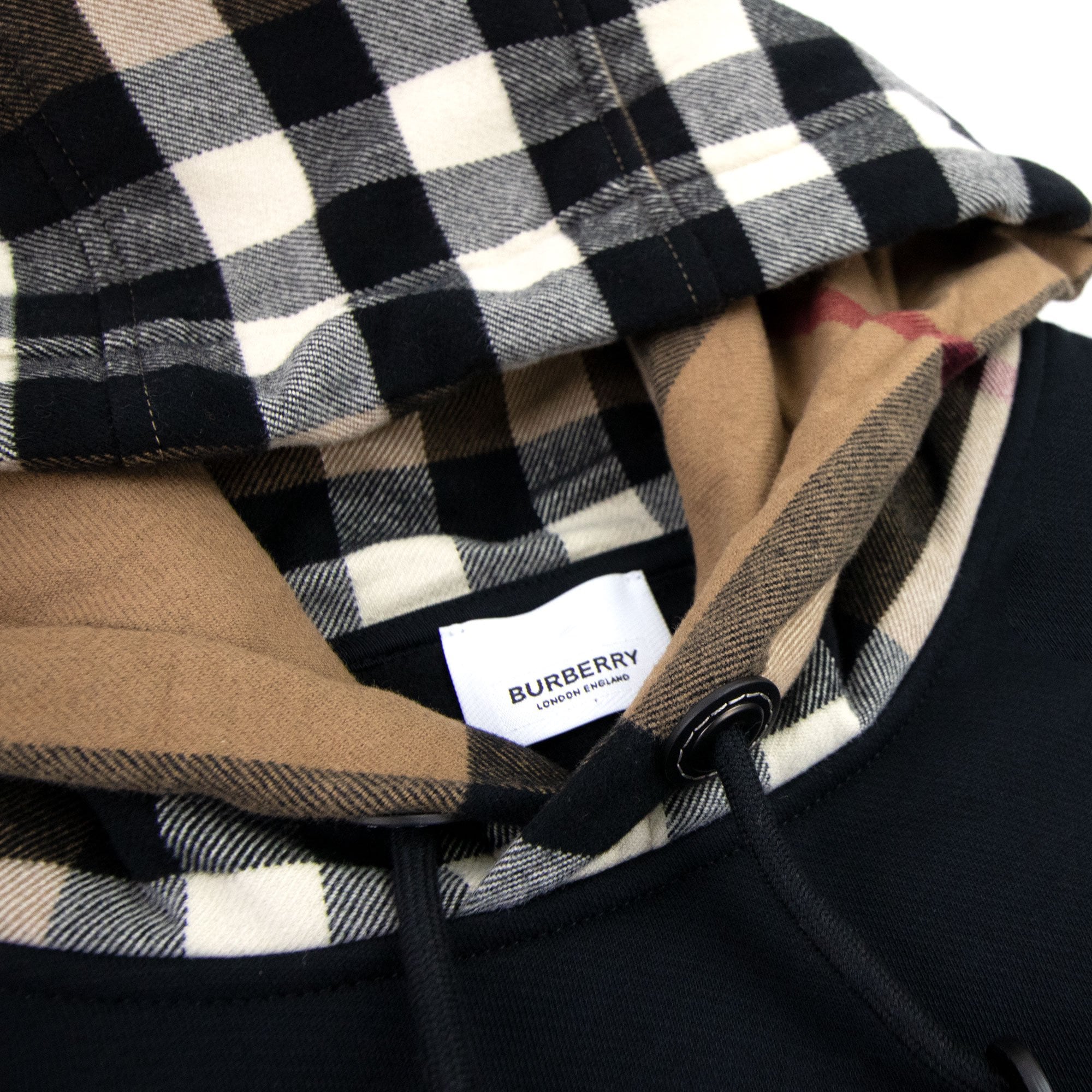 Burberry Check Hood Cotton Blend Hoodie Black