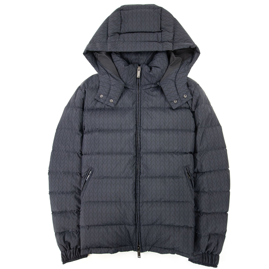 Valentino All Over Optical Valentino Print Hooded Nylon Down Navy