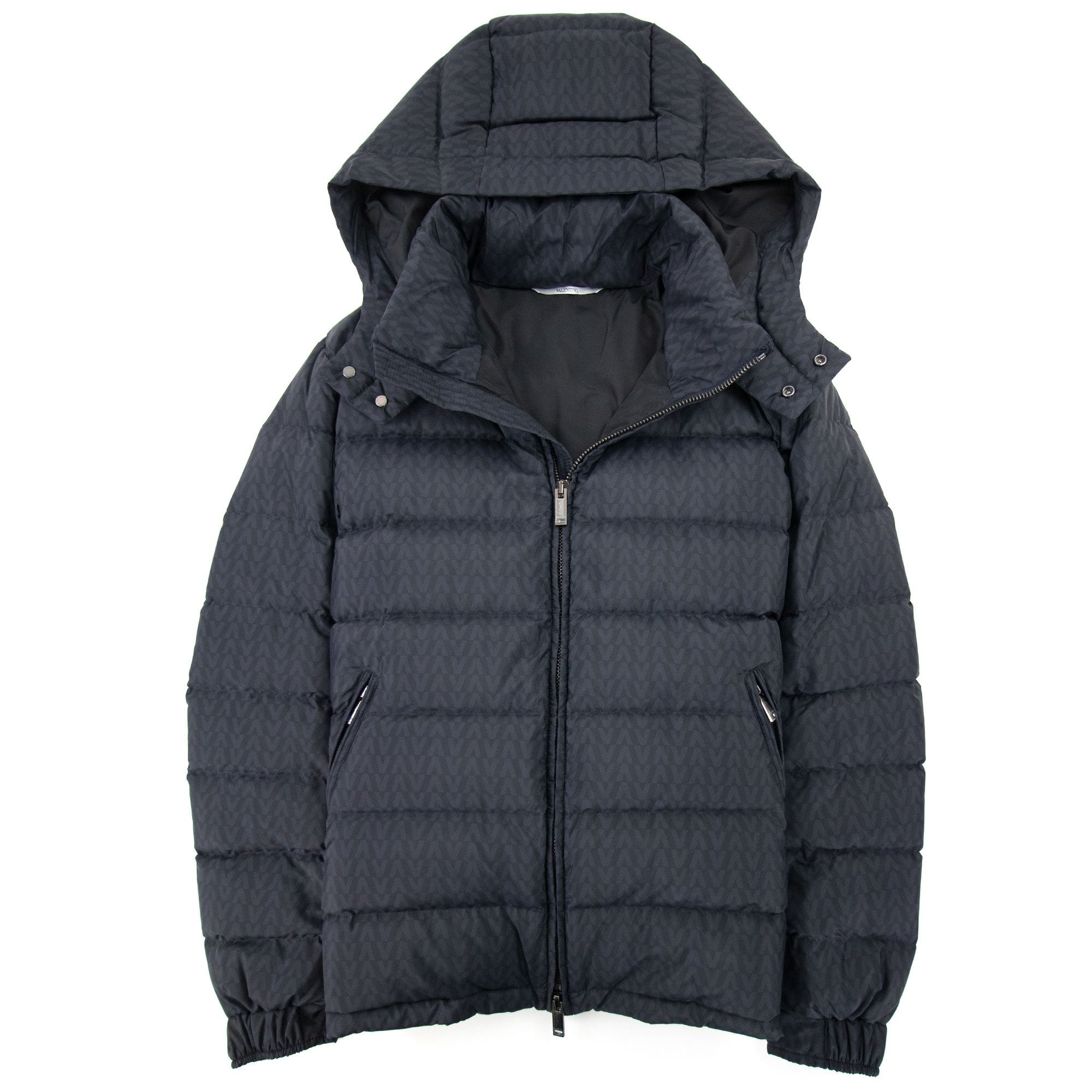Valentino All Over Optical Valentino Print Hooded Nylon Down Navy