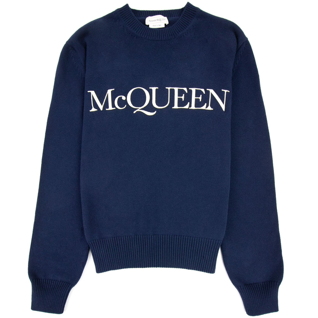 Alexander Mcqueen Embroidered Crew Neck Knitted Jumper Navy 4112
