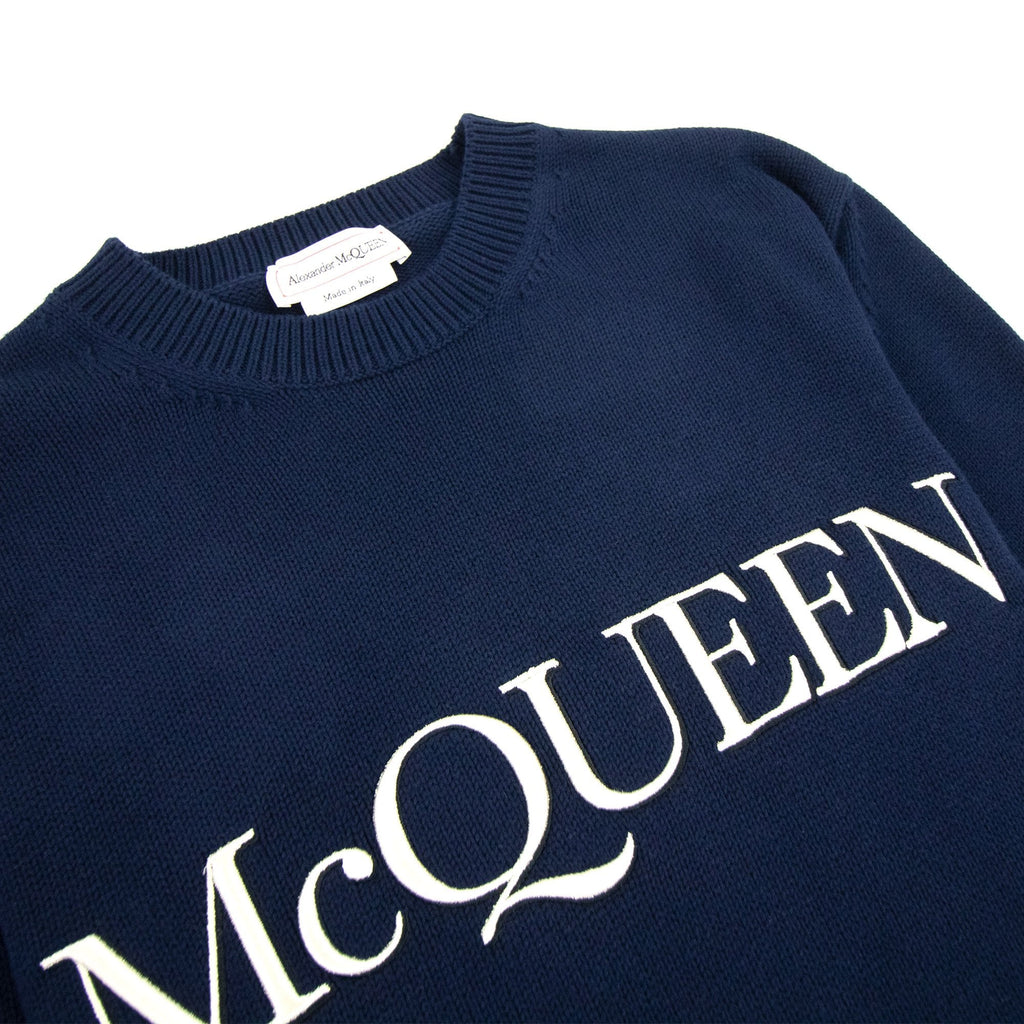 Alexander Mcqueen Embroidered Crew Neck Knitted Jumper Navy 4112