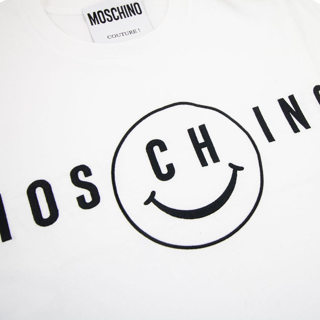 Moschino Couture Smiley Brand Print Cotton Jersey T Shirt White 1001